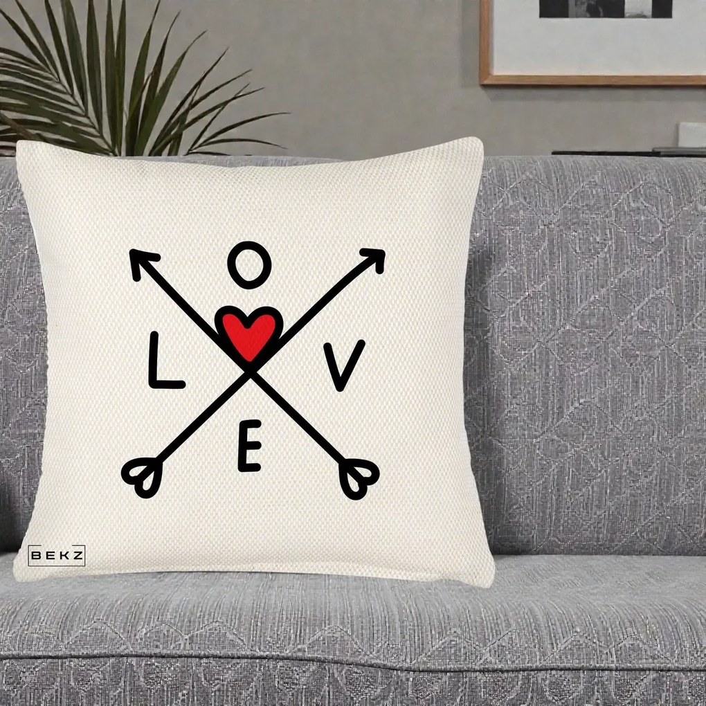 Perna Decorativa Love cu Sageti Incrucisate si Inima Rosie, 40x40 cm, Crem Reliefat, Husa Detasabila, Perna Inclusa, BEKZ®
