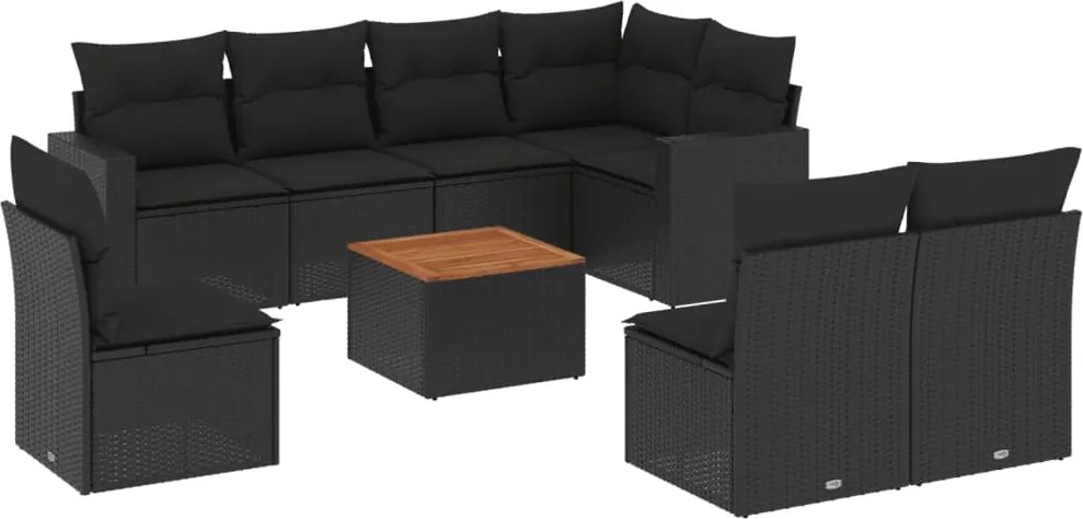 vidaXL Set mobilier de grădină cu perne, 9 piese, negru, poliratan