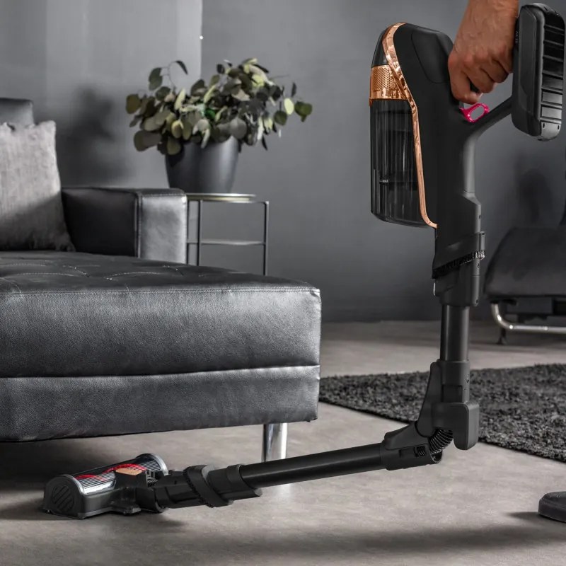Aspirator vertical Rowenta X-Force Flex 15.60 RH99F1, 520W, 230AW, 0.9 litri, 32.4V, Autonomie 80 min, Auto power, LED, Display, Flex, Negru/Bronz