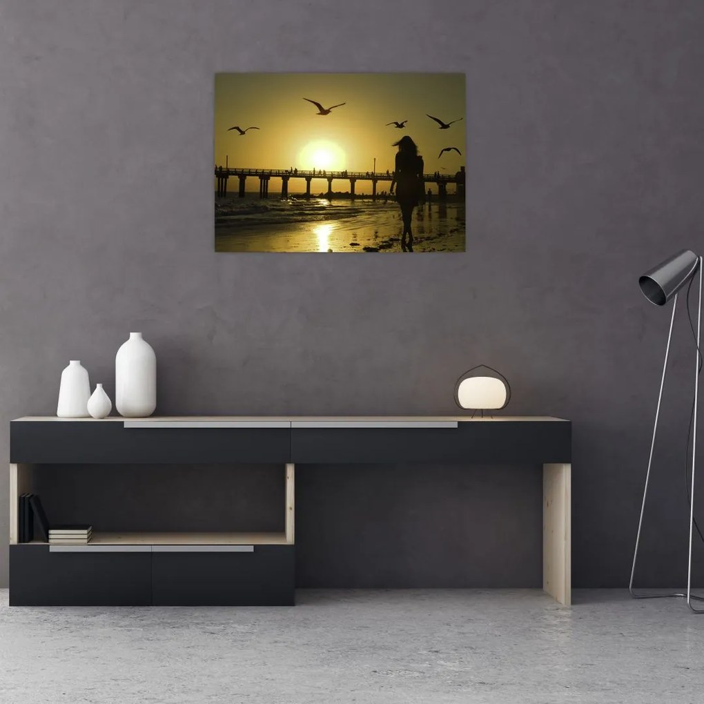 Tablou pe sticlă - Plimbare pe plajă (70x50 cm)