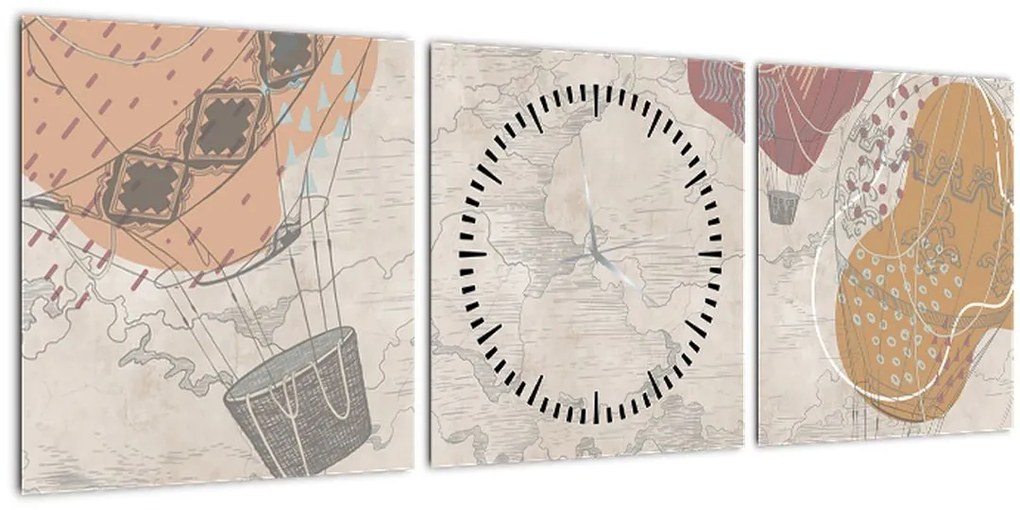 Tablou - Baloane deasupra orașului, nuanțe reci (cu ceas) (90x30 cm)