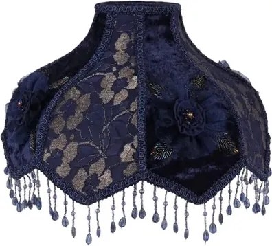 Abajur victorian din catifea, albastru, în formă de cupolă, cu margine festonată, rozetă și franjuri cu mărgele, 21 x 33 cm, „Feston”