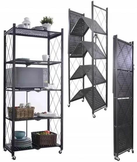 Raft pe roți pliabil Negru 163x72x34cm 5 polițe Capacitate de încărcare a unei polițe 50kg