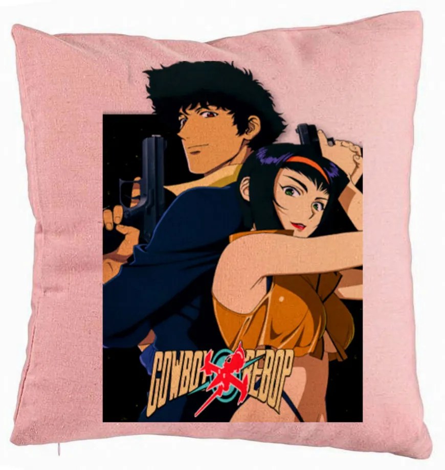 Perna Decorativa cu Cowboy Bebop, 40x40 cm, Roz, Husa Detasabila, Burduf