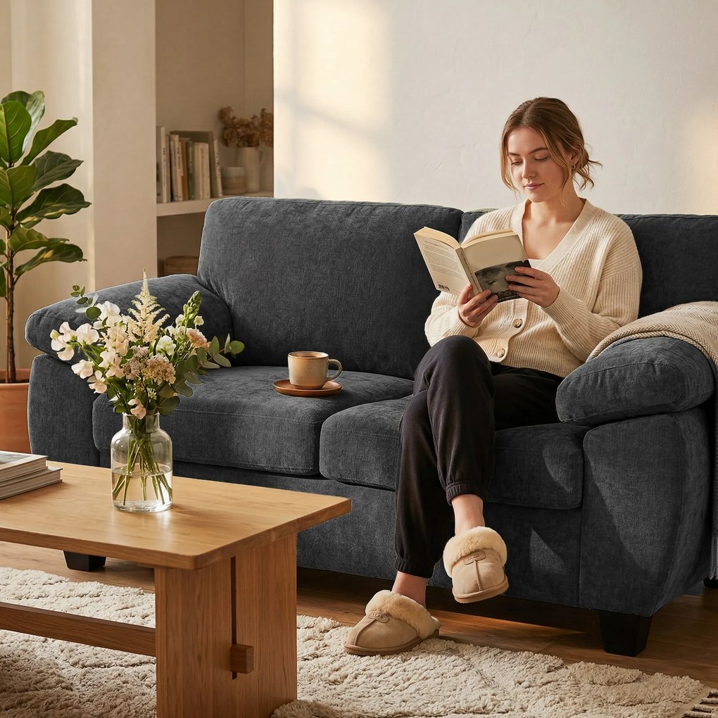 HOMCOM Canapea 2 locuri, 156 cm canapea chenille cu perne groase cu arcuri, brațe late căptușite, capacitate 300 kg, Gri închis | Aosom Romania