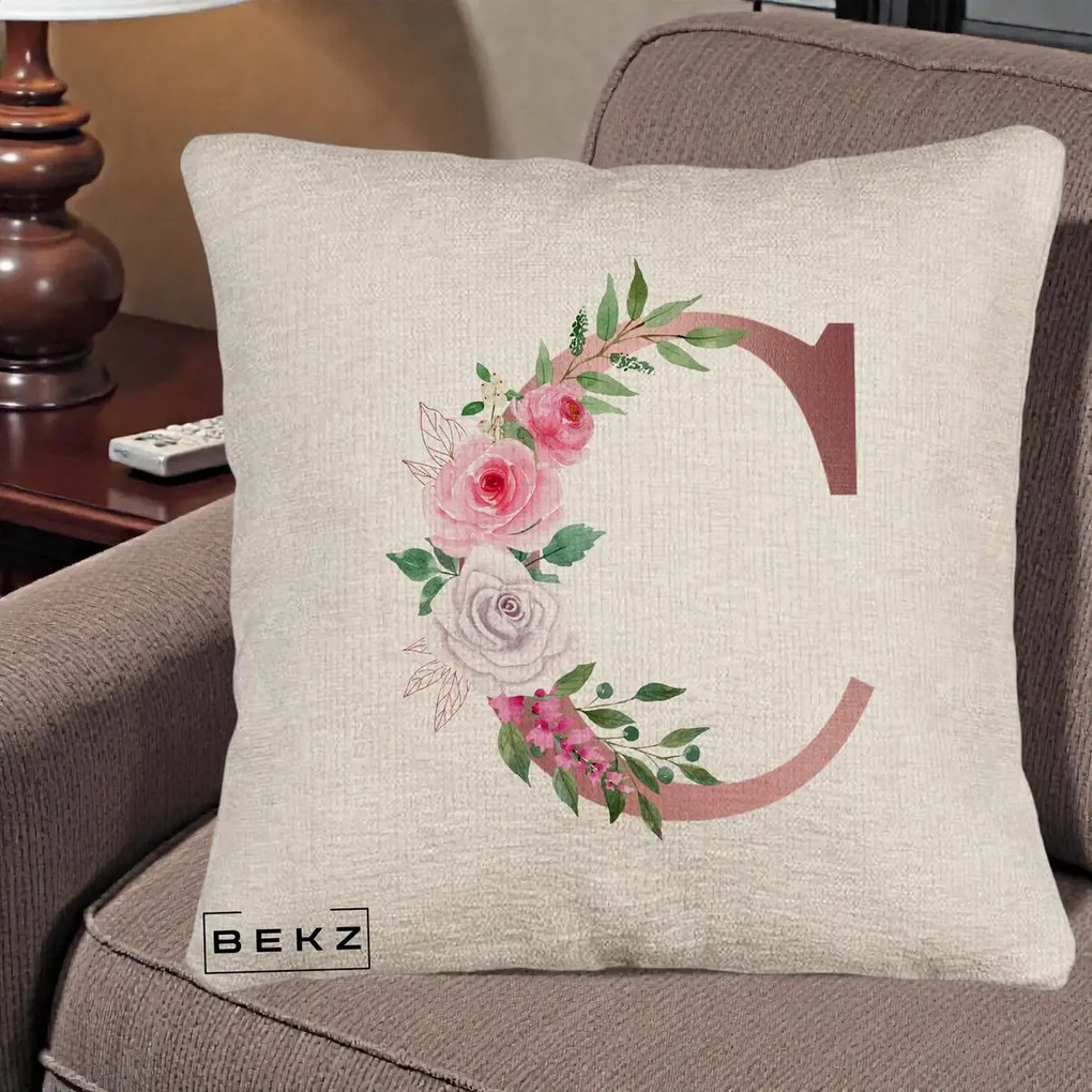 Cadou Personalizat - Perna Personalizata Monograma Rose Gold Litera C, 40x40 cm, Bej Canapea, Husa Detasabila, Perna Inclusa, BEKZ®