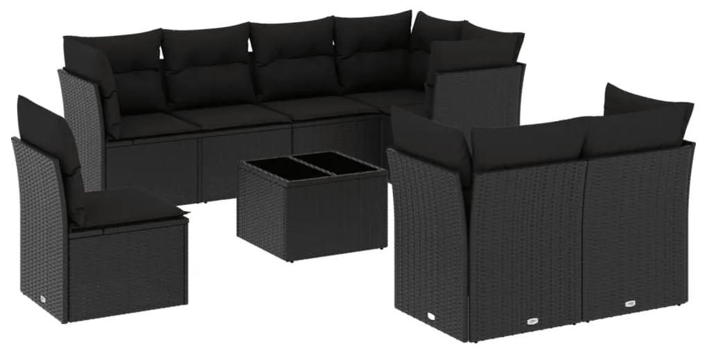 3249774 vidaXL Set mobilier de grădină cu perne, 9 piese, negru, poliratan
