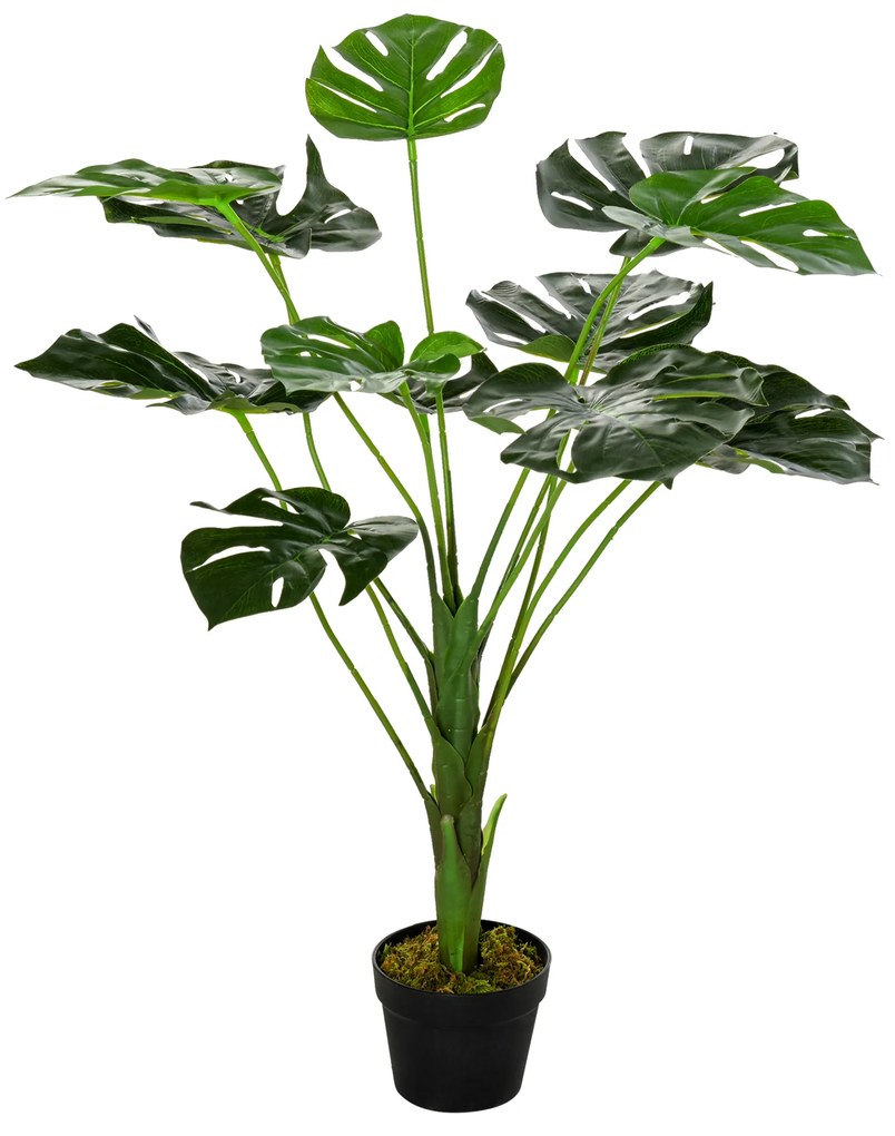 Monstera artificiala cu 13 frunze pliabile, design realist Muschi PE si baza cimentata cu ghiveci Ф16x85cm Outsunny | Aosom Romania