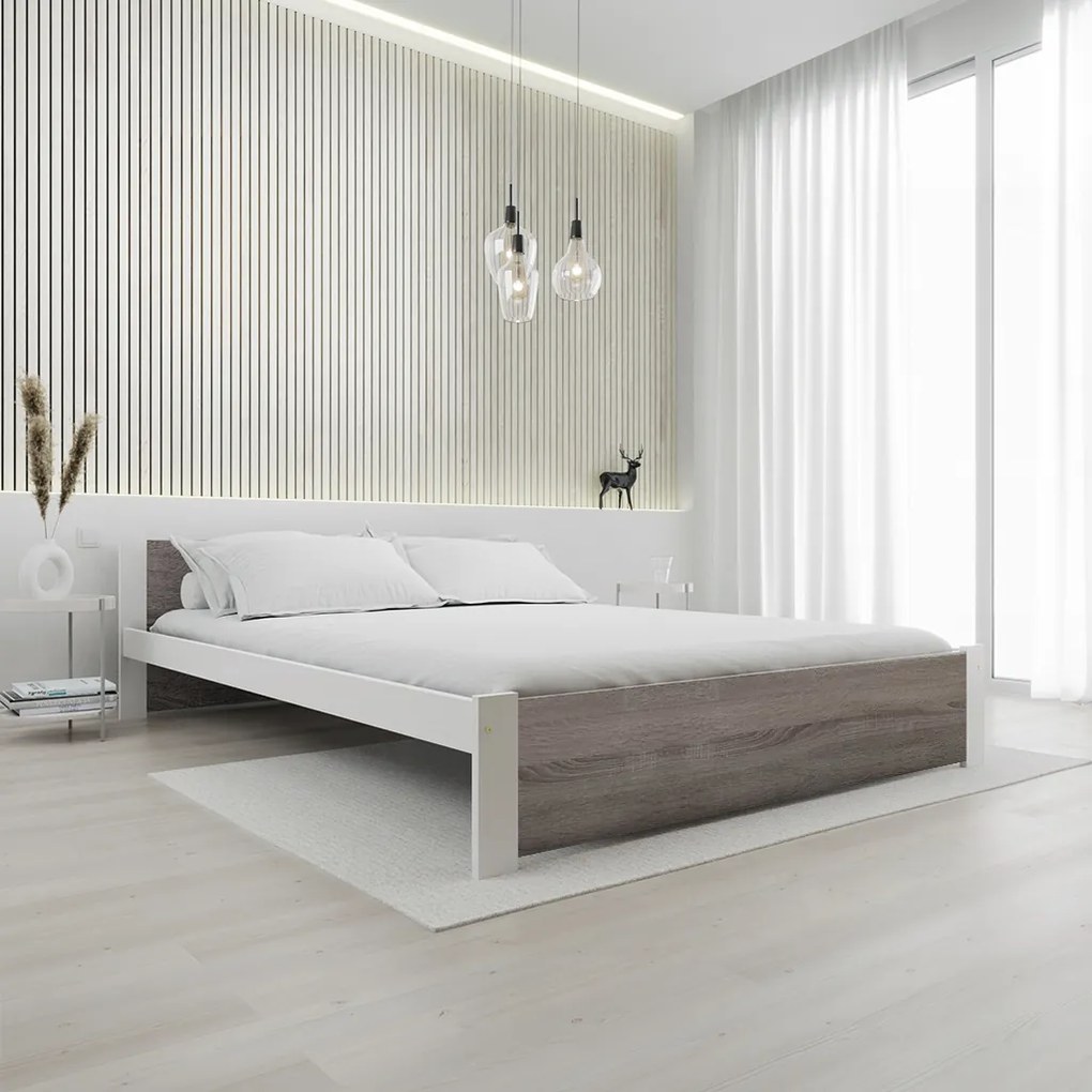 Pat dublu Culoare alb/stejar trufa, IKAROS 160 x 200 cm Saltele: Cu saltele Sommera 18 cm, Somiera pat: Cu lamele curbate