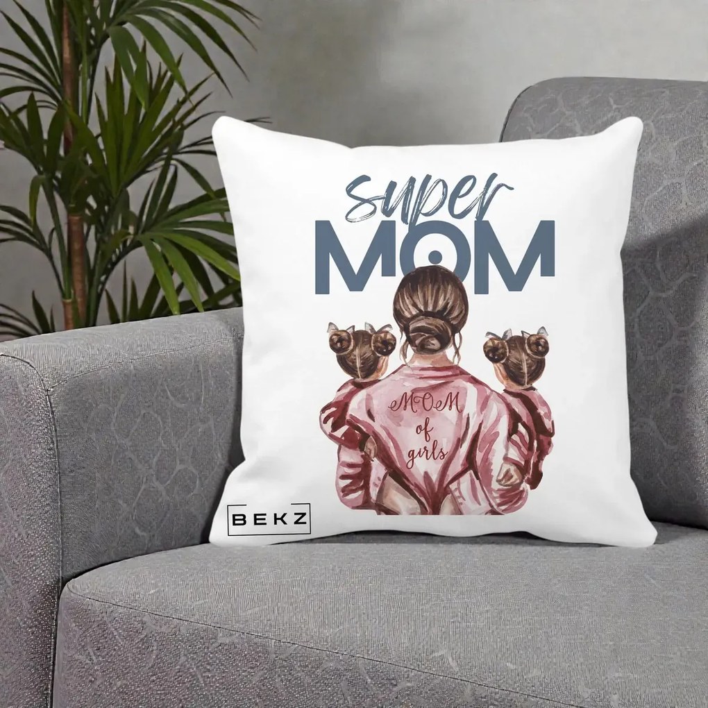 Cadou pentru Mama - Perna Personalizata Super Mom of Girls Mama cu Gemene, 40x40 cm, Alba Mata, Husa Detasabila, Perna Inclusa, BEKZ®