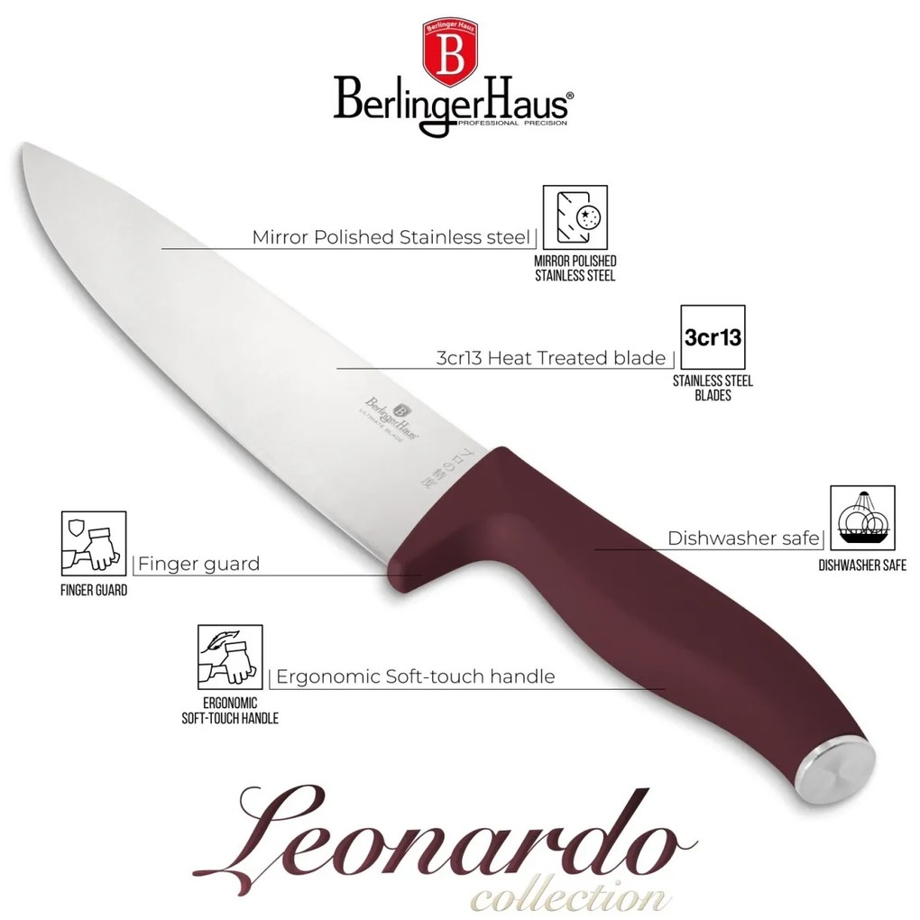 RESIGILAT - Set cutite 6 piese cu stativ Leonardo Berlinger Haus BH 2972, visiniu, suport lemn