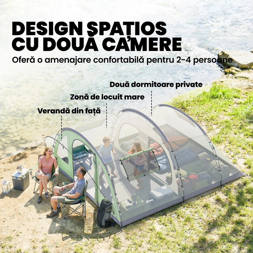 Outsunny Cort Mare Multi-Cameră pentru 2-4 Persoane, cu Ferestre și Verandă, Verde | Aosom Romania