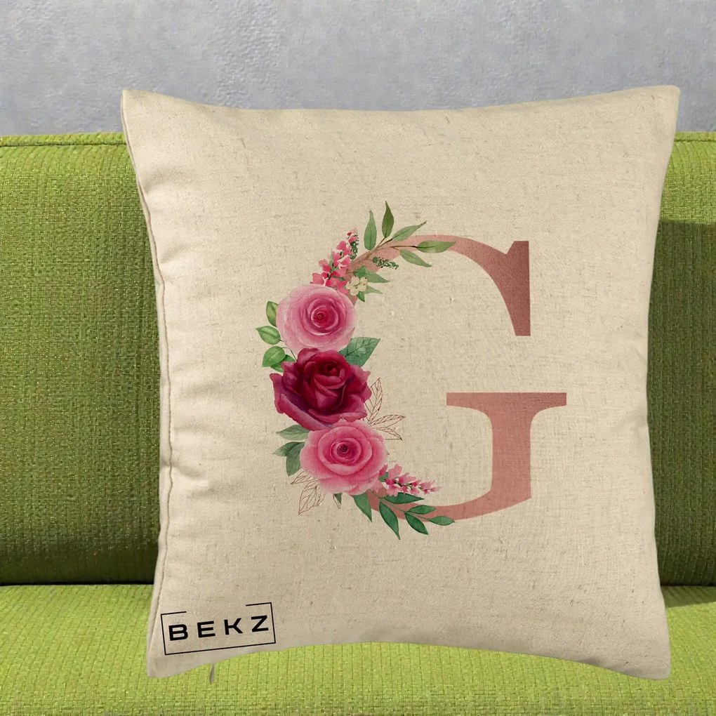 Cadou Personalizat - Perna Personalizata Monograma Rose Gold Litera G, 40x40 cm, Bej, Husa Detasabila, Perna Inclusa, BEKZ®