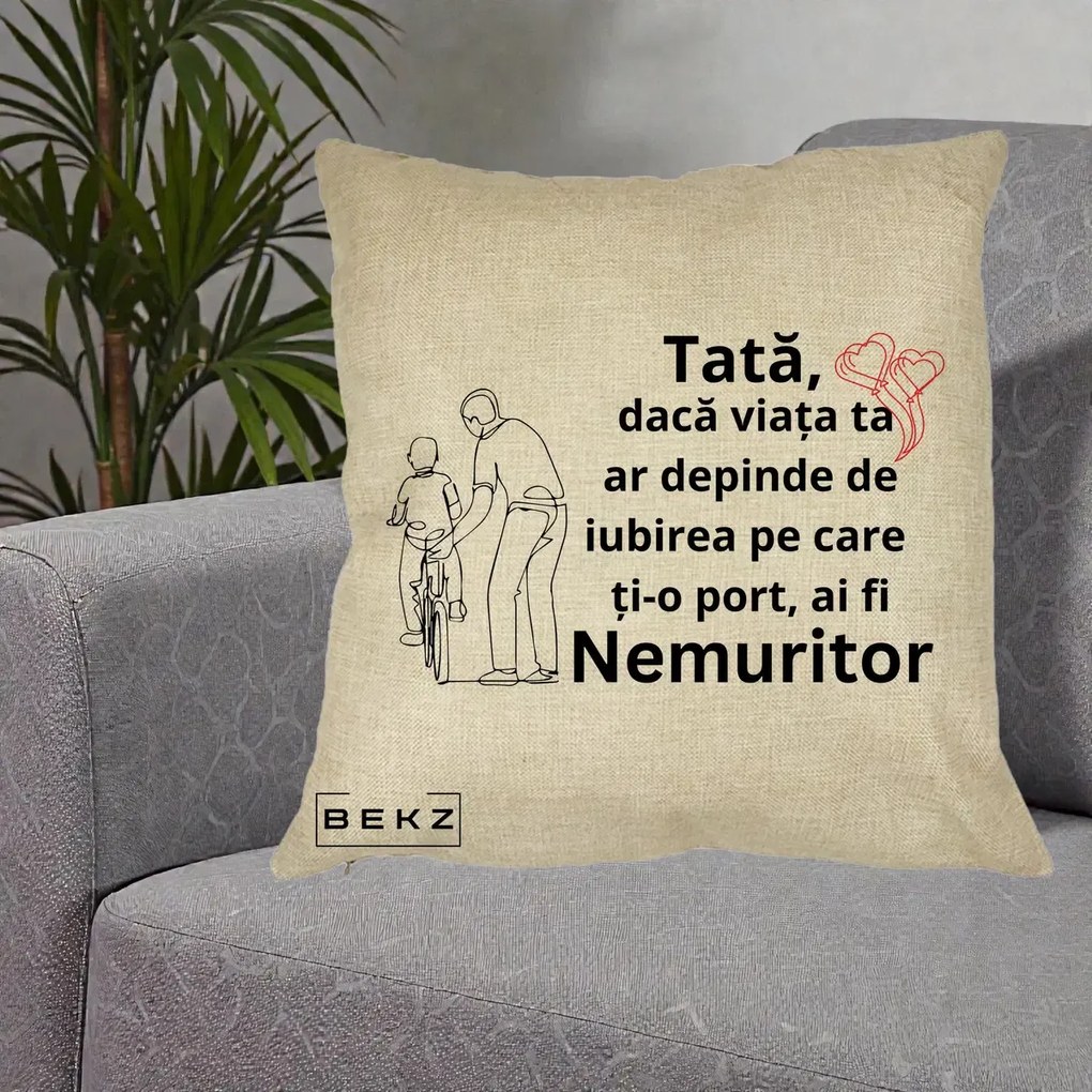 Cadou pentru Tata - Perna Personalizata Tata Nemuritor Bicicleta, 40x40 cm, Crem, Husa Detasabila, Perna Inclusa, BEKZ®