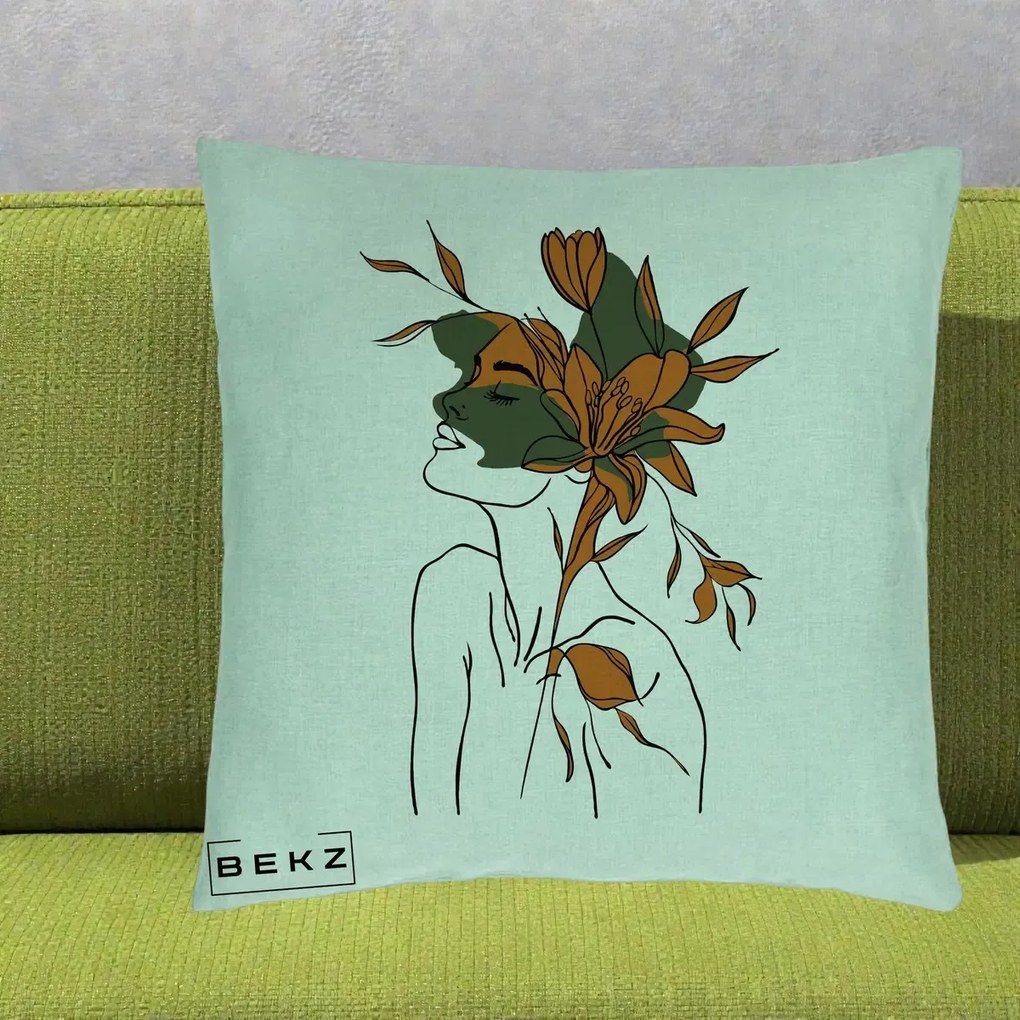 Perna Decorativa Portret Feminin Crin Auriu, 40x40 cm, Verde Menta, Husa Detasabila, Perna Inclusa, BEKZ®