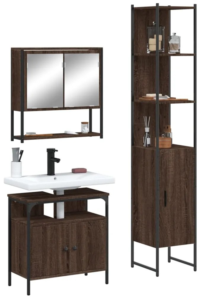 vidaXL Set mobilier de baie, 3 piese, stejar maro, lemn prelucrat
