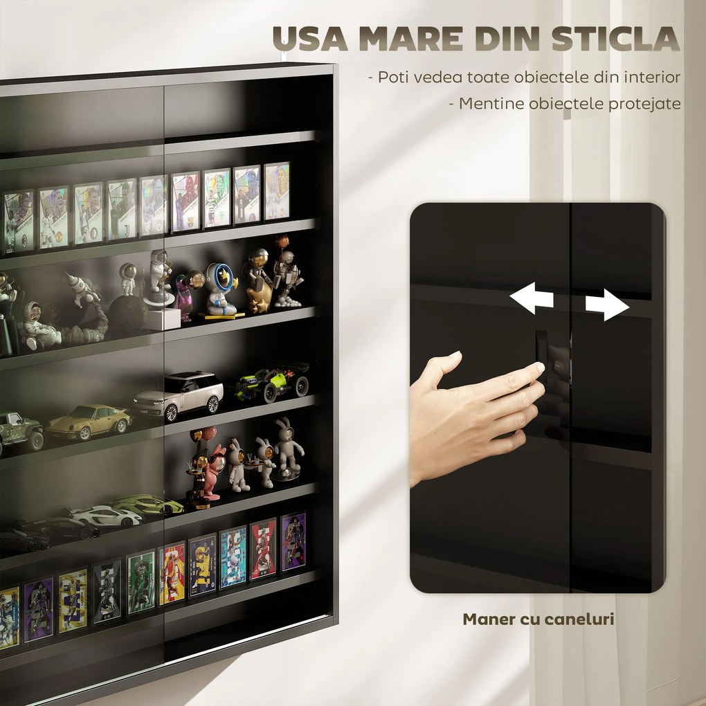 HOMCOM Dulap Tip Vitrină de Expoziție cu Rafturi Reglabile, Montată pe Perete, Negru | Aosom Romania