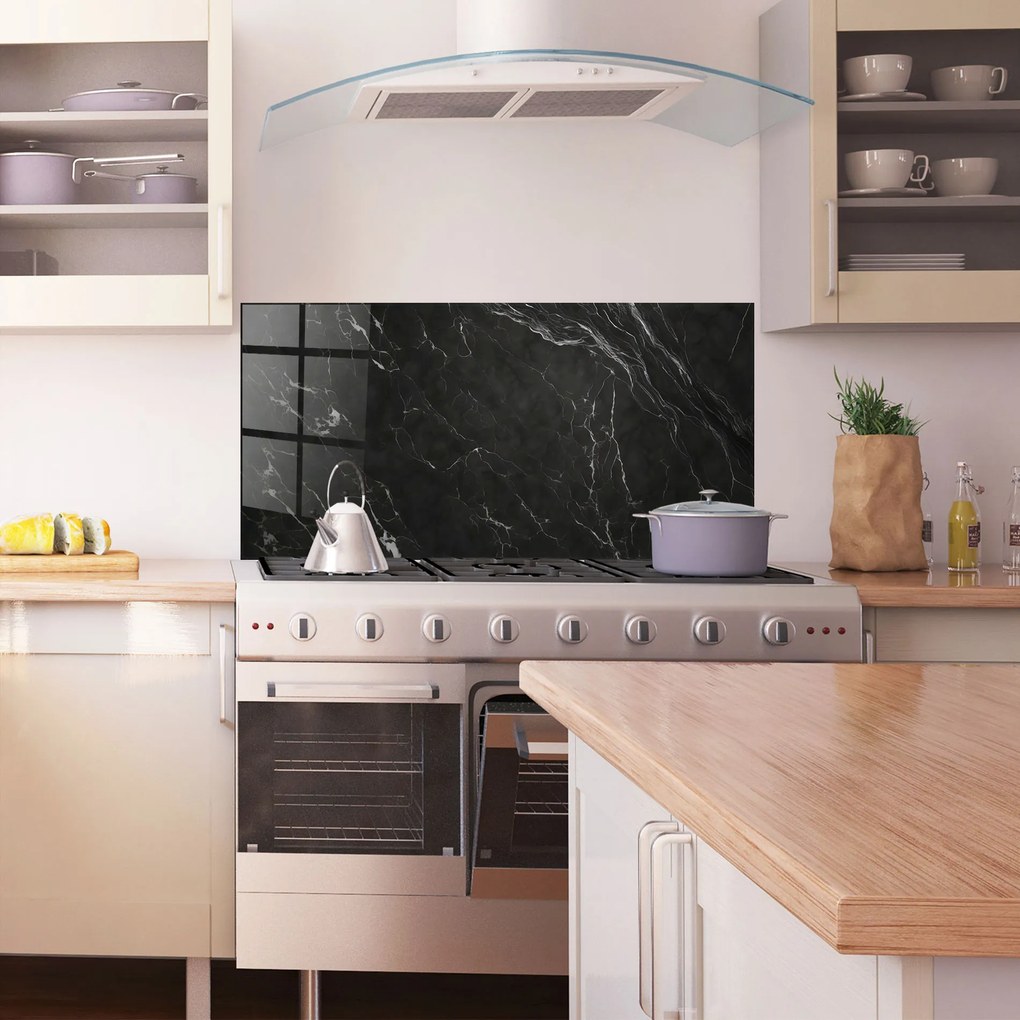 Panou Sticla Bucatarie, 60x150cm, Protectie aragaz, Antistropi, Termorezistent, Abstracte, Marble, Black Marble