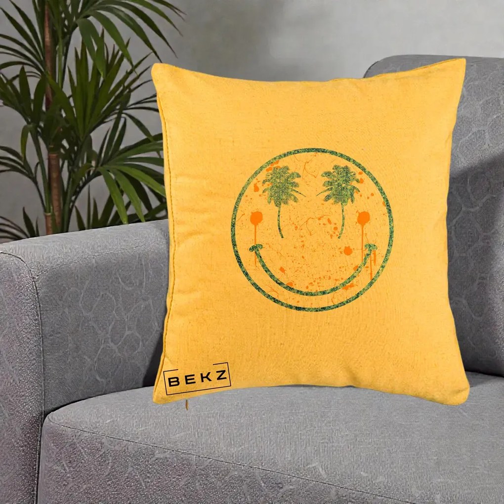 Perna Decorativa Smiley Face Tropical Albastru Glitter si Portocaliu, 40x40 cm, Galben, Husa Detasabila, Perna Inclusa, BEKZ®