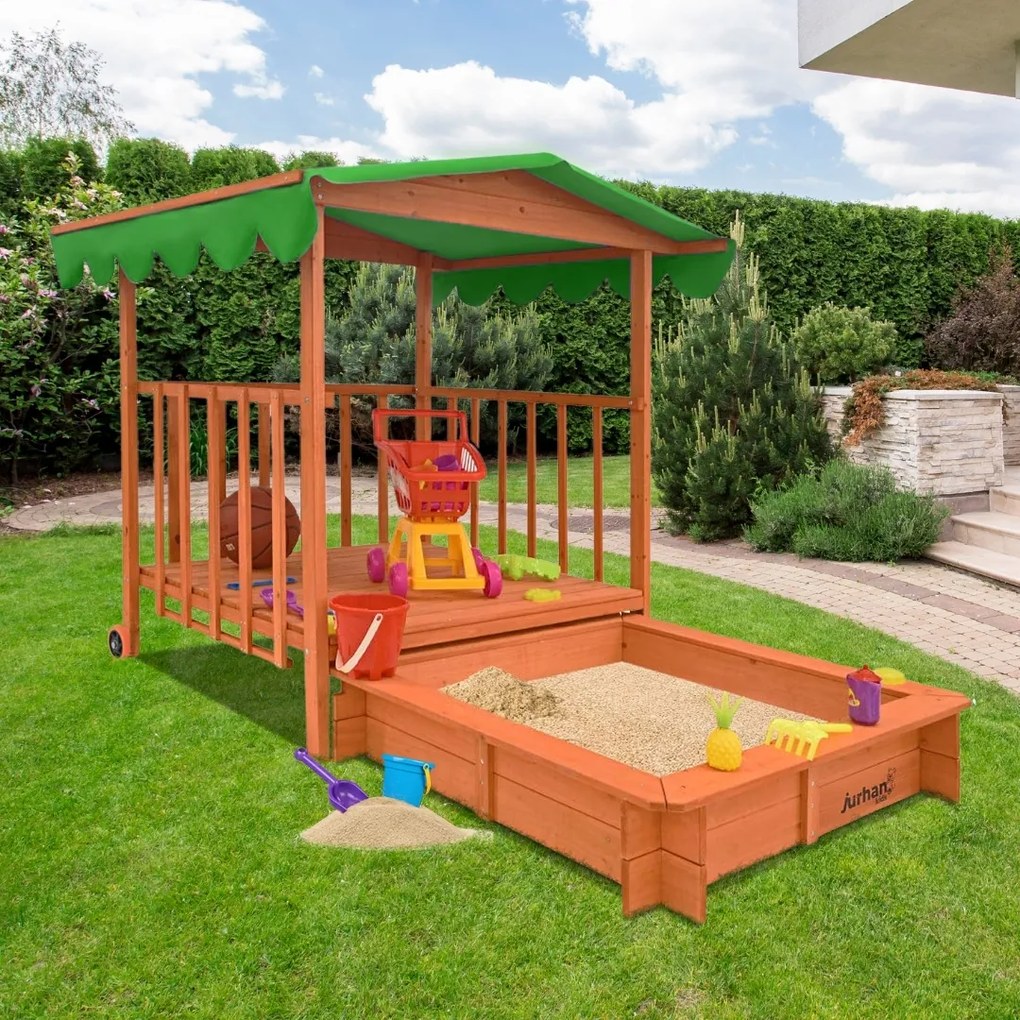 Groapa cu nisip cu verandă HAPPY, 130x130x143cm, maro/verde Jurhan