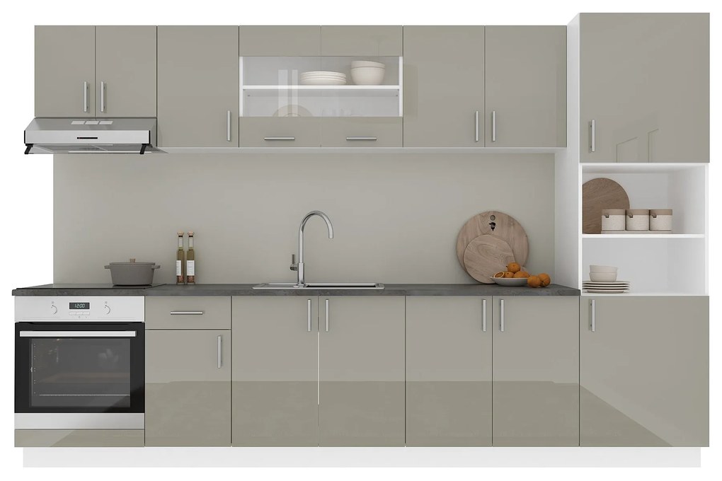 Set Bucatarie Karo V30, Gri Lucios/Alb, MDF, Blat Thermo 28 mm, L 320 cm