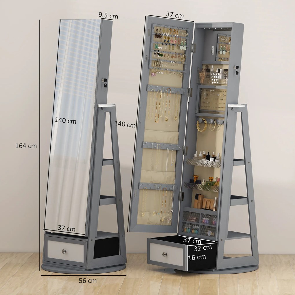 HOMCOM Oglindă portarbijuterii cu lumini LED Dulap portarbijuterii cu oglindă completă Rotativ de 360° Sertar Încuietoare Gri deschis | Aosom Romania