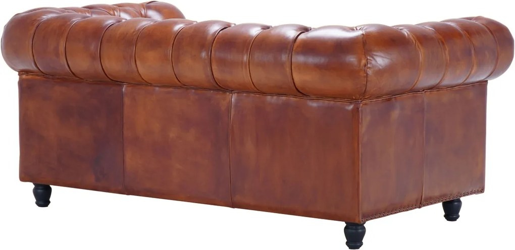 Canapea Chesterfield 2 locuri din piele naturală cognac, cu ținte decorative și picioare strunjite negre, 75 x 180 x 97 cm, „Classic Chic”
