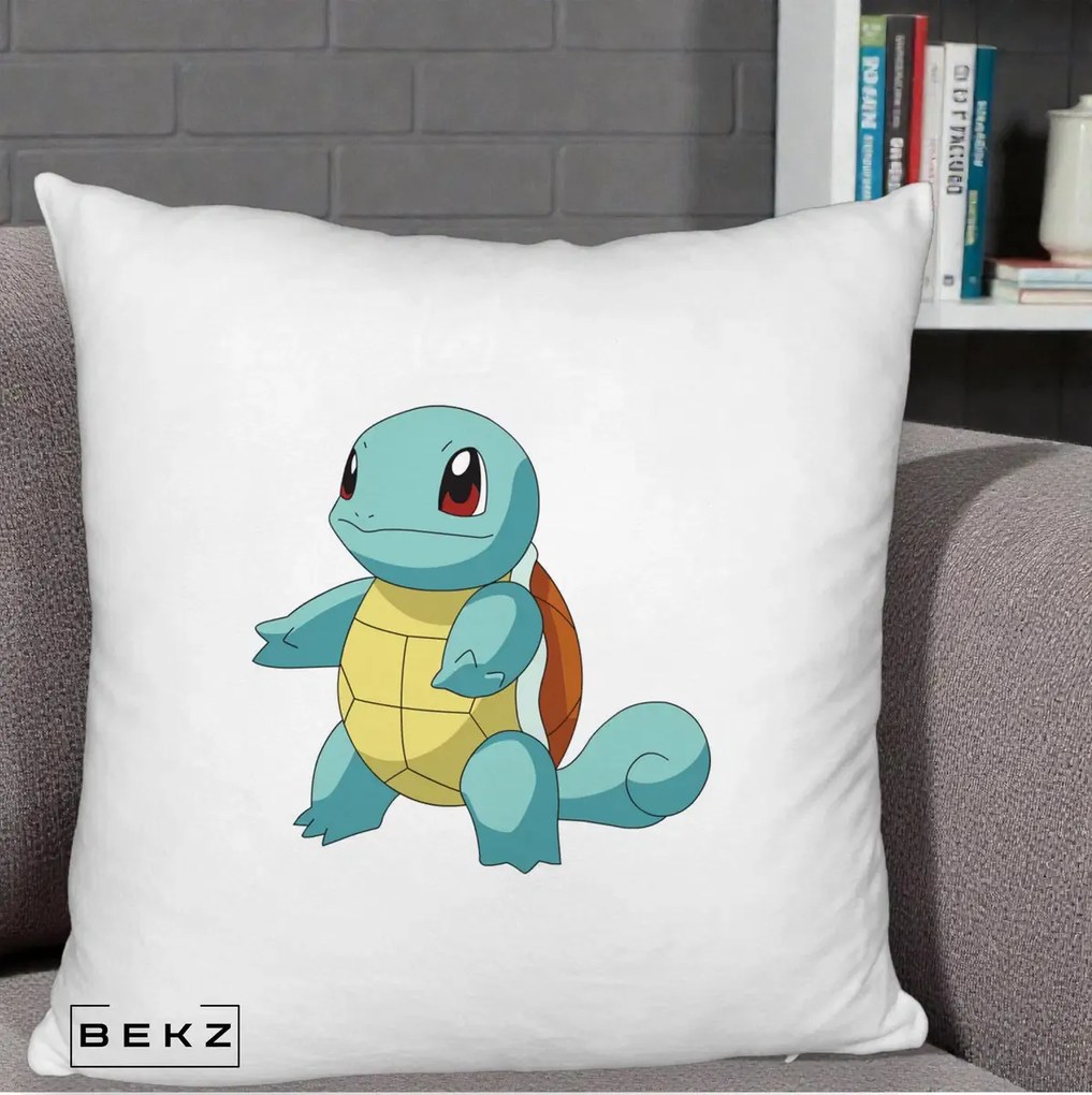 Perna Personalizata Squirtle Pokemon, 40x40 cm, Alb Pufos, Husa Detasabila, Perna Inclusa, BEKZ®