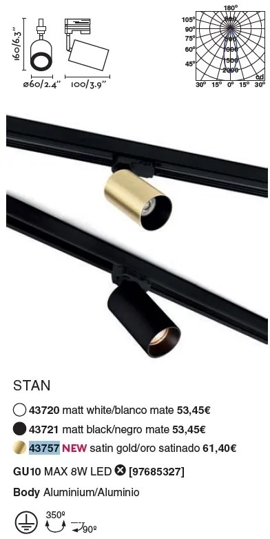 Spot / Proiector directionabil pe sina STAN auriu satinat 43757