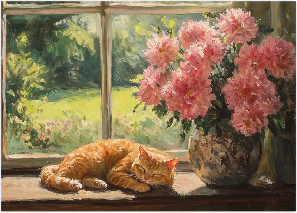 Tablou pe sticlă - Pisică la fereastră (70x50 cm)