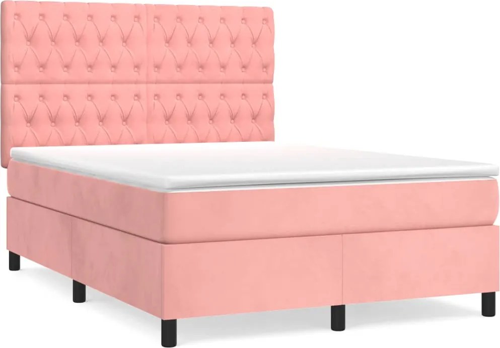 vidaXL Pat box spring cu saltea, roz, 140x200 cm, catifea