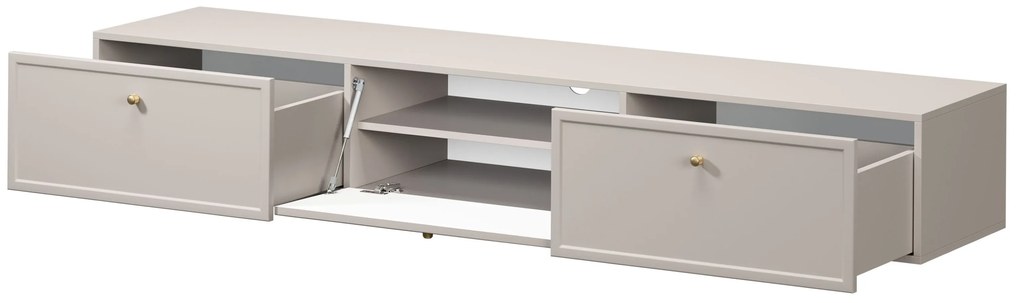 Comodă TV suspendată Lorini 200 cm cu sertare - culoare cașmir / mânere aurii