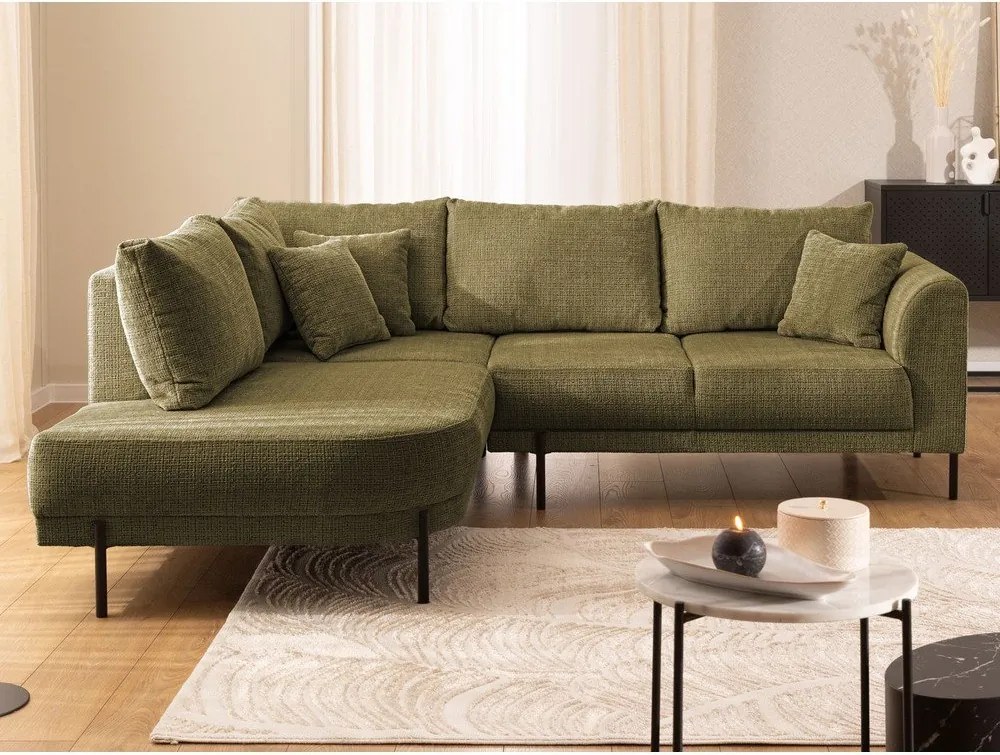 Colțar verde cu tapițerie din chenille (cu colț pe partea stângă/în formă de ”L”) Mauris – Ropez