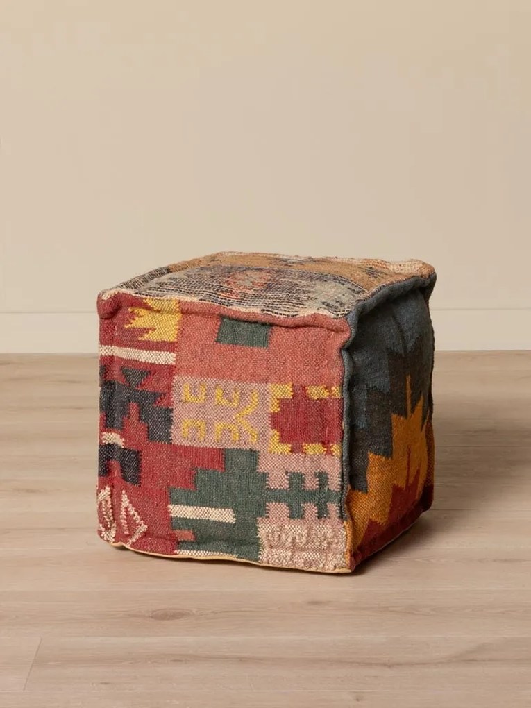 Puf kilim cubic din bumbac și lână, multicolor, cu modele diferite pe fiecare față, 45,5 x 45,5 x 45,5 cm, „Tikana”