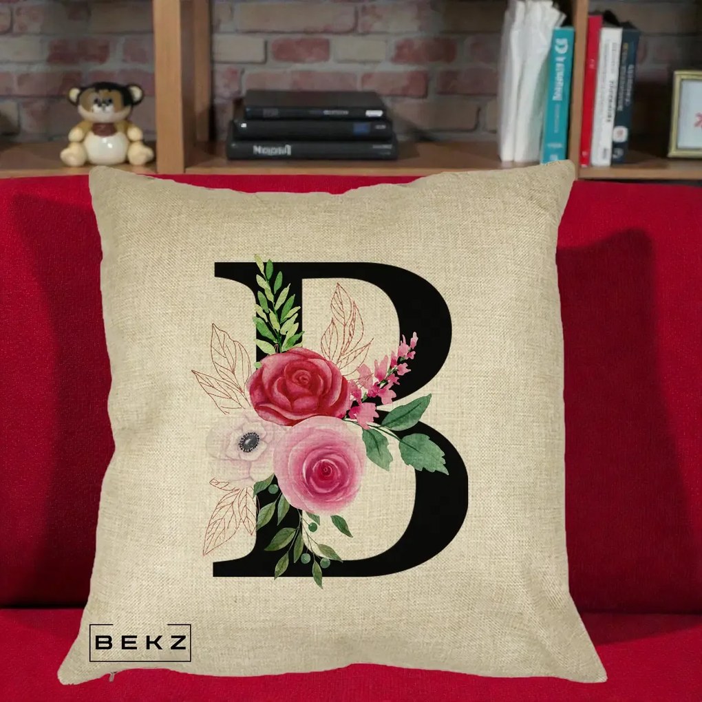 Cadou Personalizat - Perna Personalizata Monograma Florala Litera B, 40x40 cm, Crem, Husa Detasabila, Perna Inclusa, BEKZ®