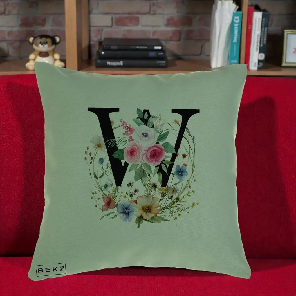 Cadou Personalizat - Perna Personalizata Monograma Florala Litera W, 40x40 cm, Verde, Husa Detasabila, Perna Inclusa, BEKZ®