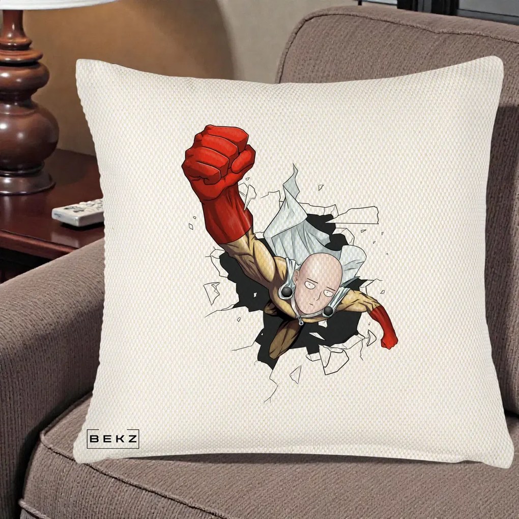 Perna personalizata One Punch Man Saitama Pumn, 45x45 cm cu Umplutura, Crem Reliefat, BEKZ