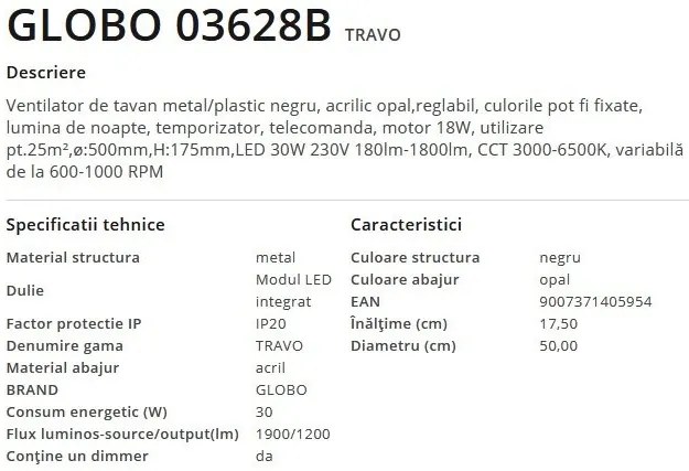 Lustra LED cu ventilator si telecomanda design modern Travo negru
