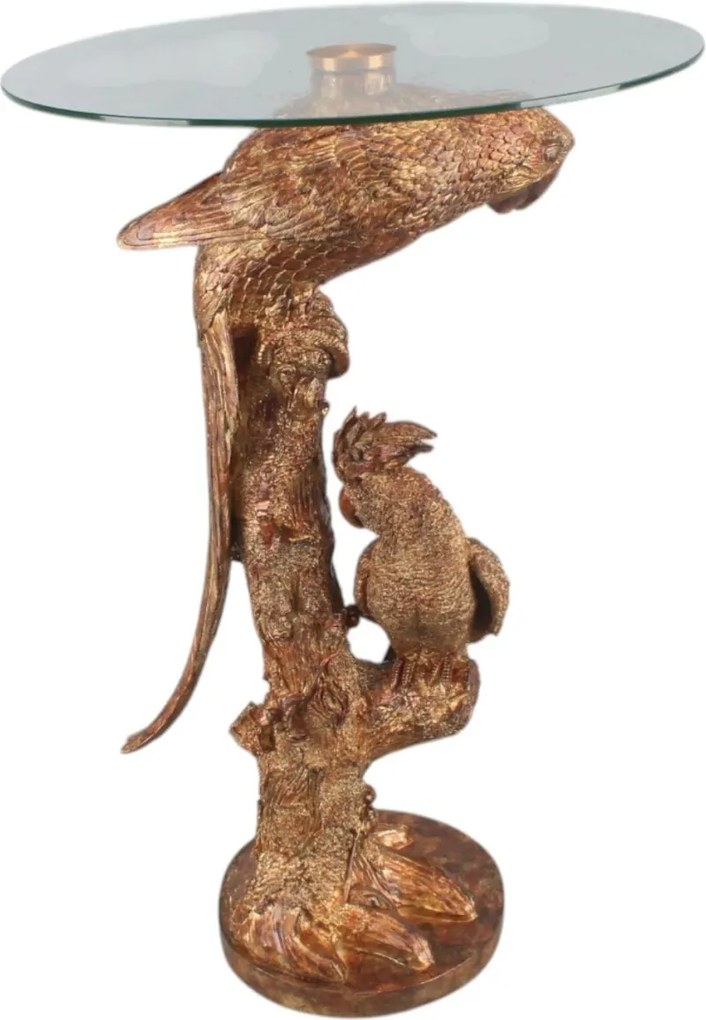 Măsuță laterală sculptată rotundă, auriu, cu bază în formă de papagali pe trunchi și blat din sticlă, finisaj antichizat, 62 x 40 cm, „Cacatoès”