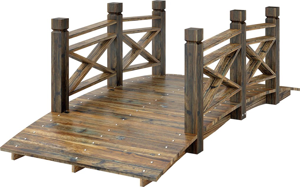 Outsunny Pod din lemn cu balustradă Pod de grădină din lemn de brad Pod pentru iaz cu aspect antic, circulabil 174 x 78 x 57,5 cm Carbonizat | Aosom Romania