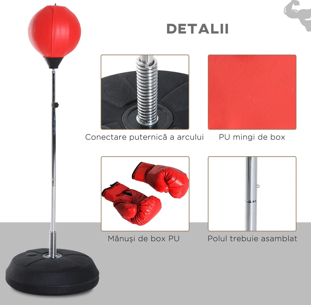 HOMCOM Sac de Box de Podea cu Înălțime Reglabilă, Mănuși de Box și Bază Umplută, 43x43x126-144 cm, Roșu | Aosom Romania