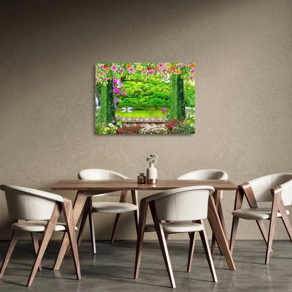 Tablou pe sticlă - Grădina magică cu lebede (70x50 cm)