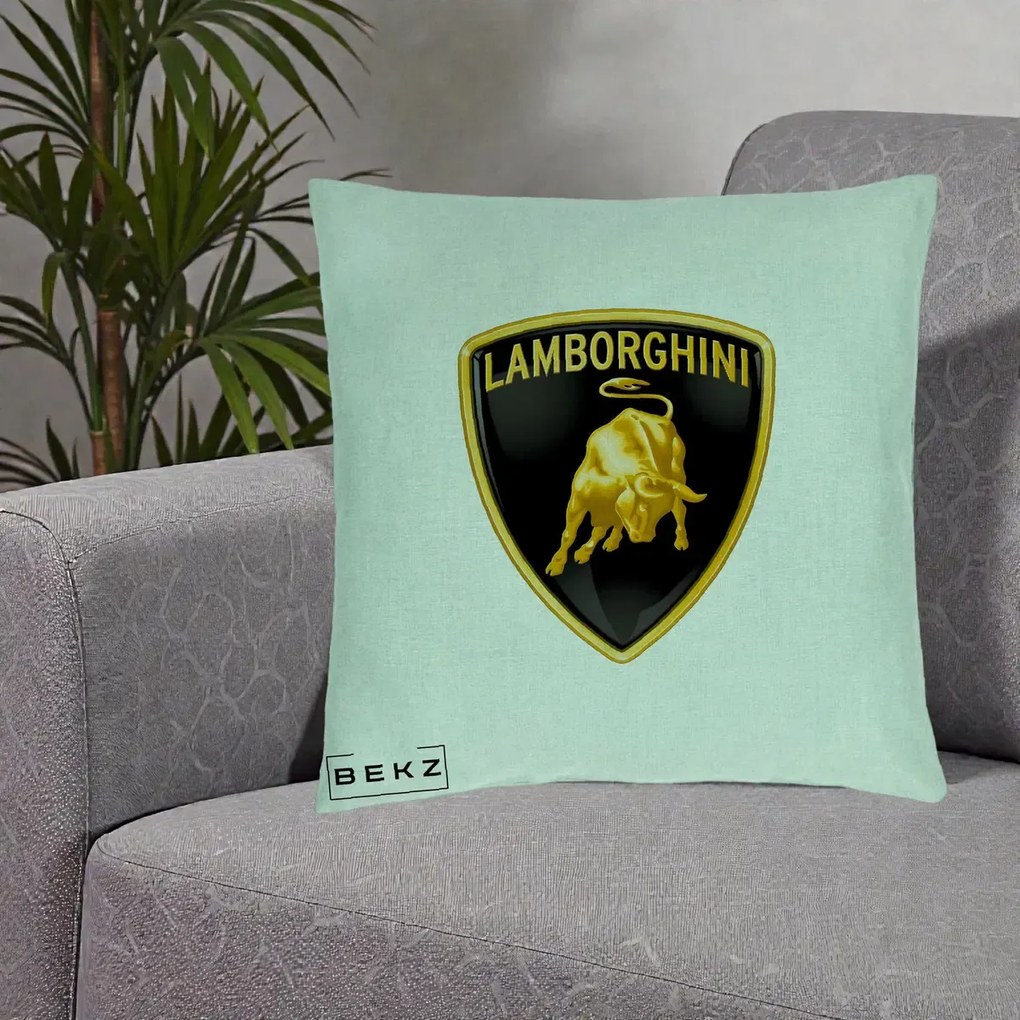 Perna Personalizata cu emblema Lamborghini, 40x40 cm, Verde Menta, Husa Detasabila, Perna Inclusa, BEKZ®