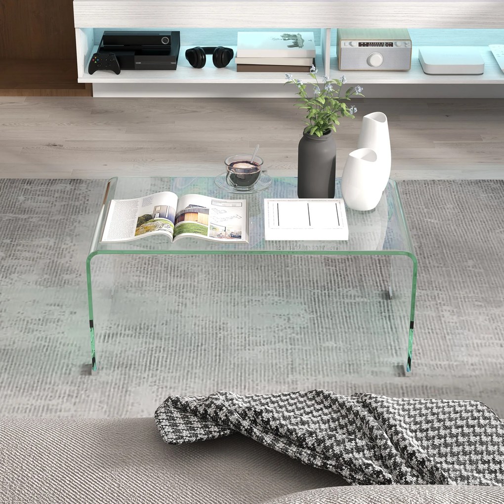 HOMCOM Masa de cafea din sticlă masă de salon rectangulară design modern din sticlă temperată cu margini rotunjite sigure transparent | Aosom Romania