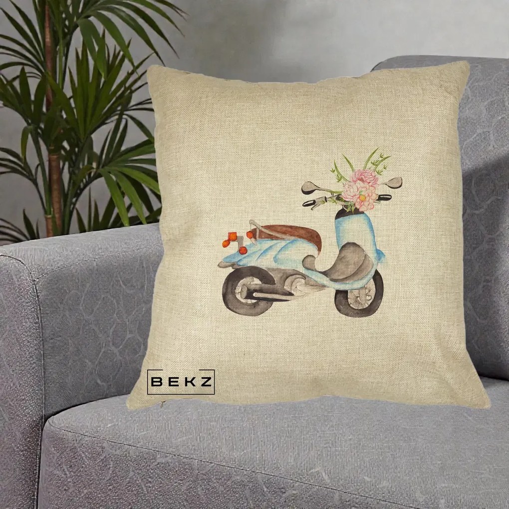 Perna Decorativa Scuter Albastru cu Flori Acuarela, 40x40 cm, Crem, Husa Detasabila, Perna Inclusa, BEKZ®