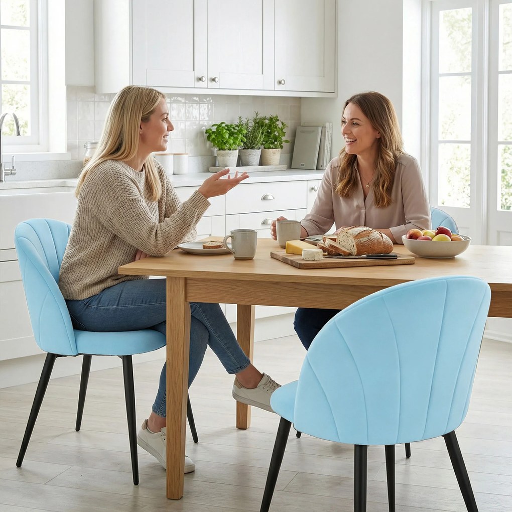 HOMCOM Set de 2 Scaune de Sufragerie din Catifea, Scaune Bucătărie cu Spătar Curbat în Formă de Scoică, Picioare din Oțel, Stil Nordic, Scaun Tapițat pentru Bucătărie, Dormitor, Living, Albastru Deschis | Aosom Romania