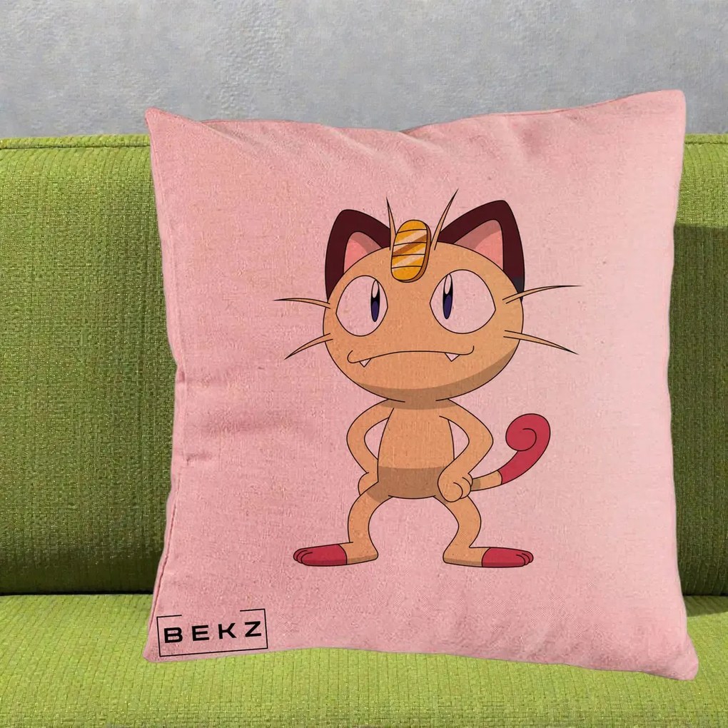 Perna Personalizata Meowth Pokemon, 40x40 cm, Roz, Husa Detasabila, Perna Inclusa, BEKZ®