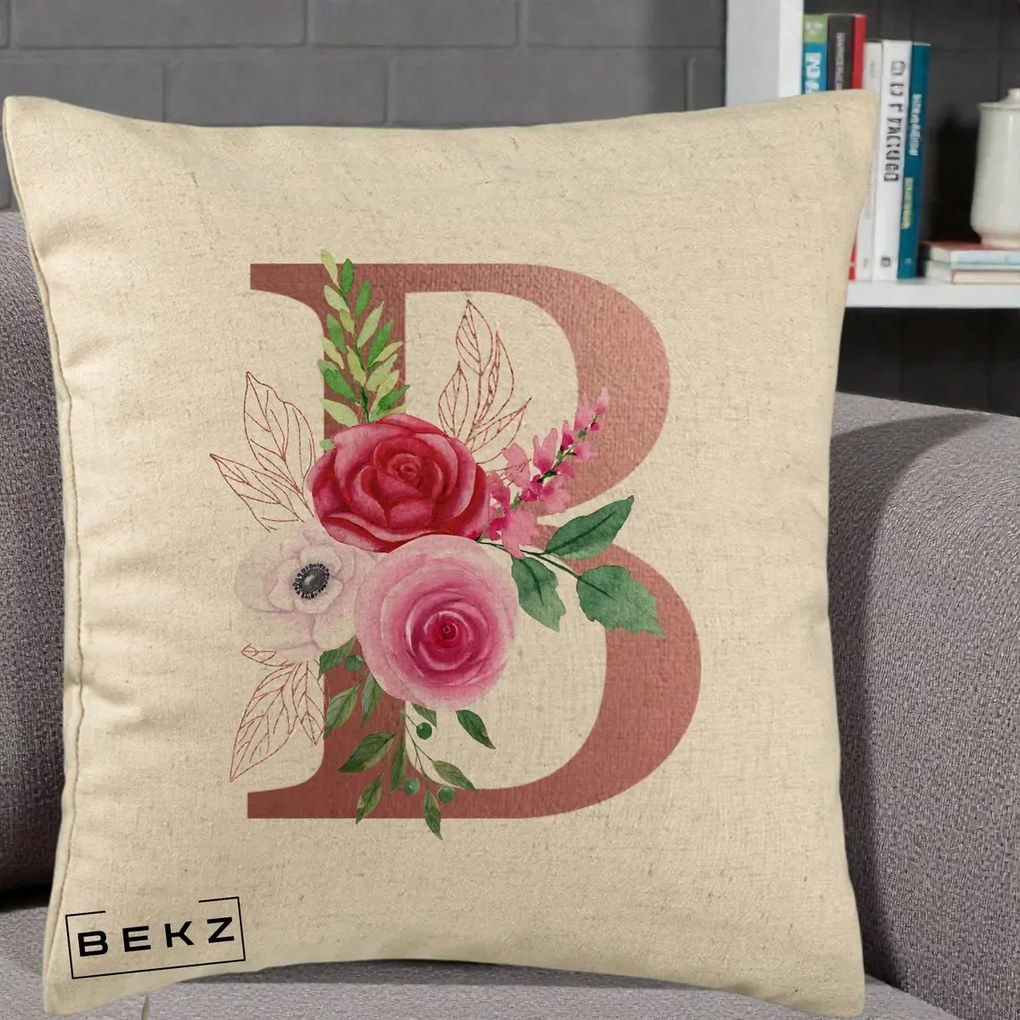 Cadou Personalizat - Perna Personalizata Monograma Rose Gold Litera B, 40x40 cm, Bej, Husa Detasabila, Perna Inclusa, BEKZ®