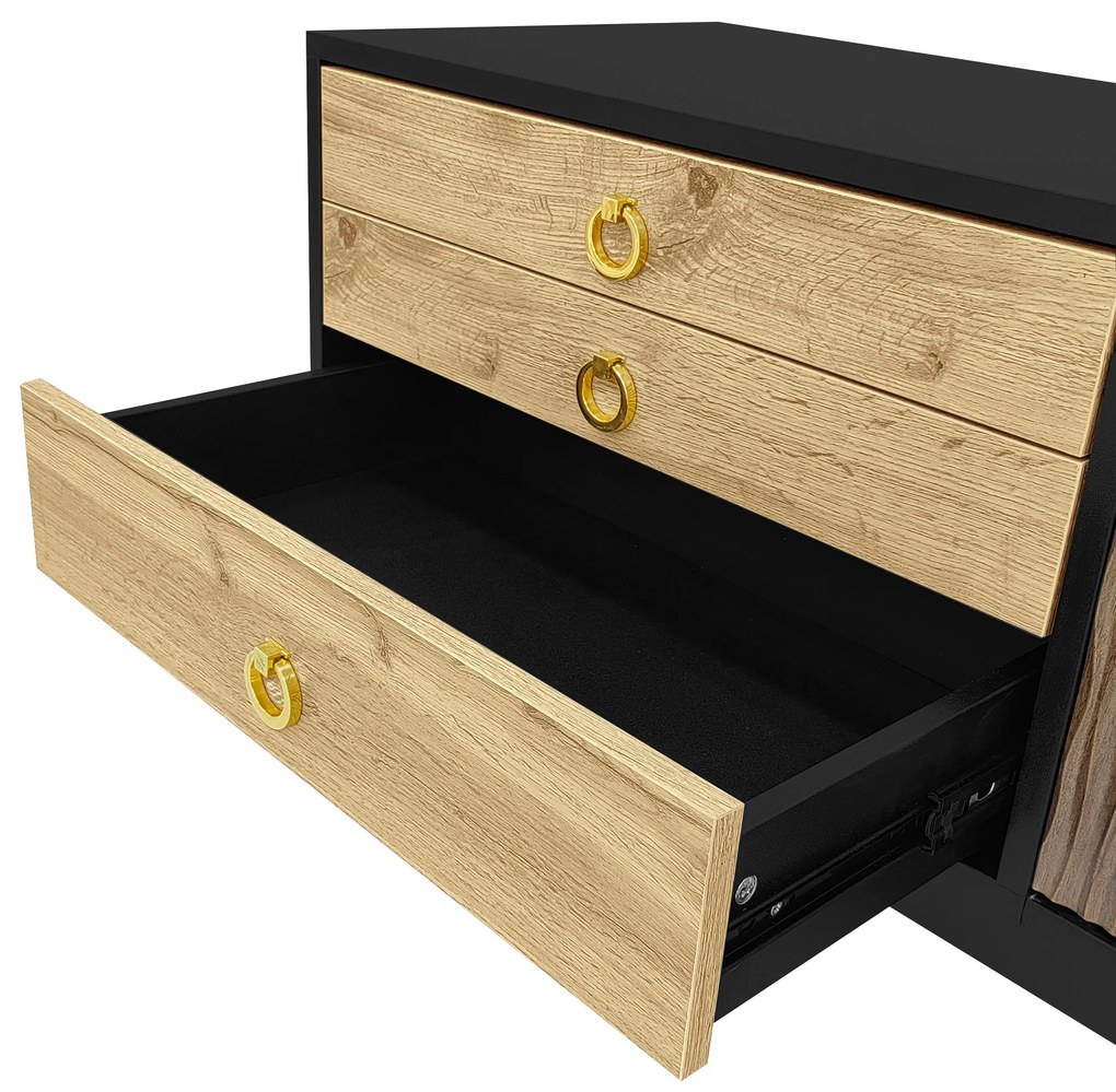 Comodă TV cu 2 uși și 3 sertare, panouri ale ușilor cu model unic în valuri, 180x38x50 cm, Culoare naturală