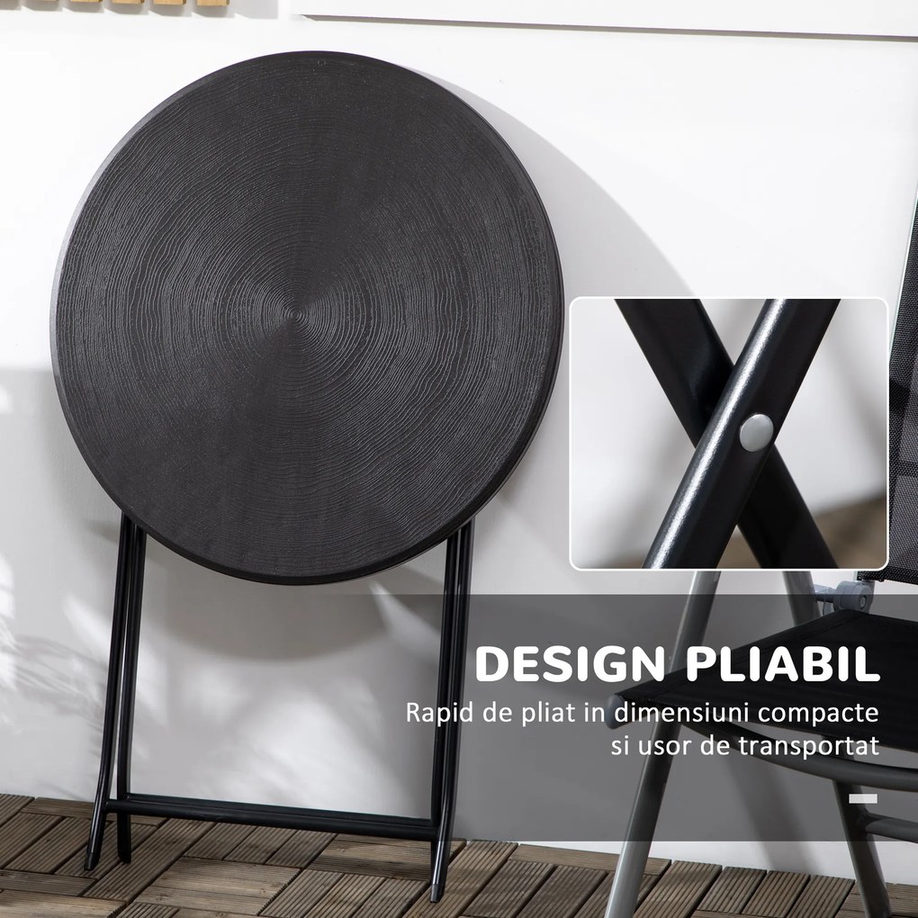 Outsunny Masă de Grădină Rotundă, Pliabilă, pentru 2 Persoane, Efect Lemn, Oțel+Plastic, Gri Închis, 60 x 60 x 73 cm | Aosom Romania